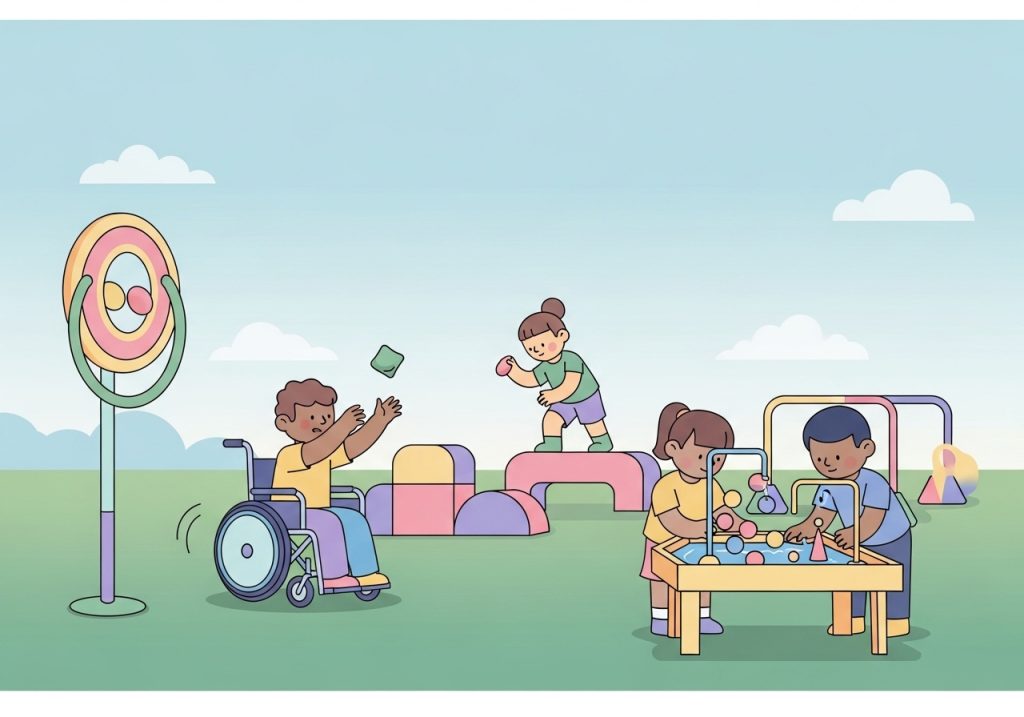 A diverse group of children enjoying adapted field day activities like a beanbag toss and a sensory station.