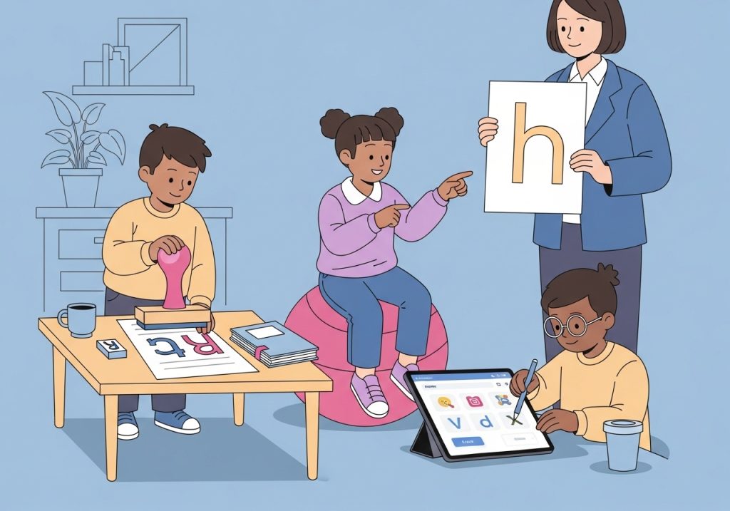 An illustration showing children using adapted tools for letter recognition to support diverse learning needs.