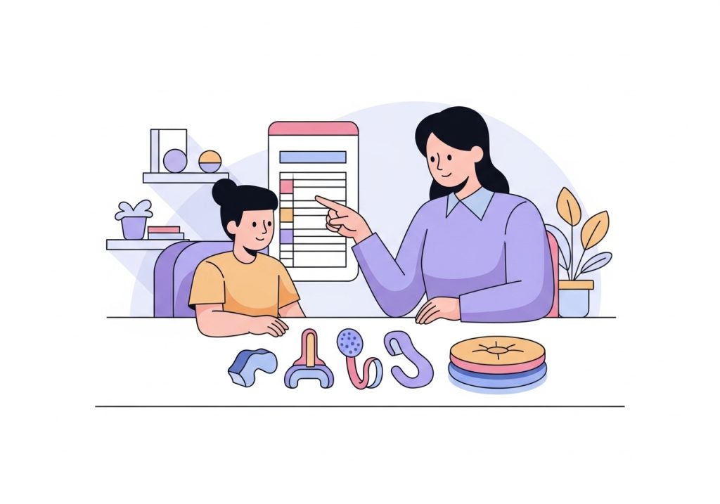 Illustration of an adult adapting an activity for a child using tools like a visual schedule, demonstrating support for different needs.
