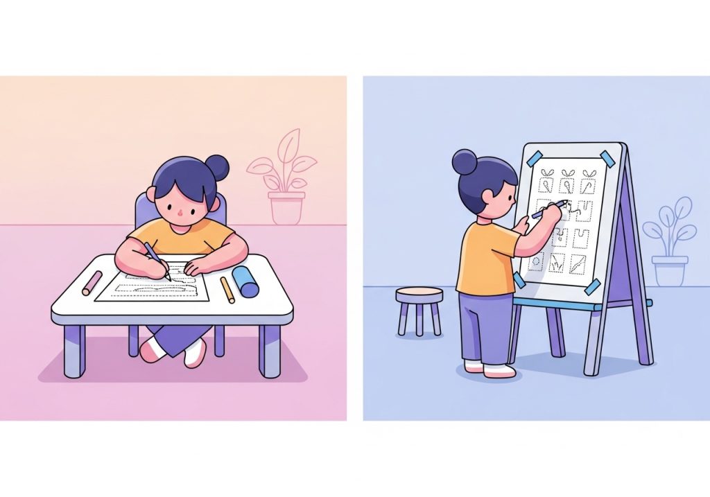 An illustration showing how to adapt summer worksheets by moving the activity to a vertical surface to engage different motor skills.