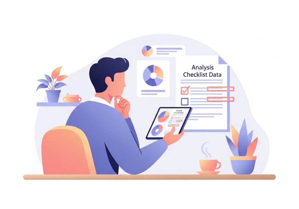 A vector illustration of a therapist analyzing the results of a sensory checklist on a tablet to identify patterns.