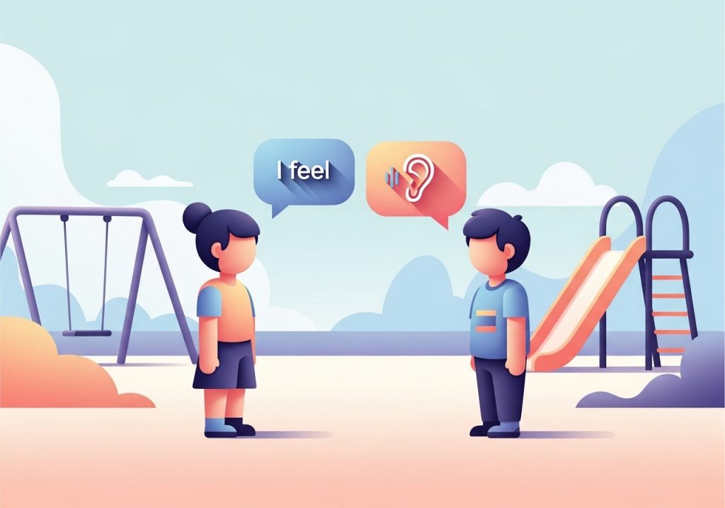 Two children applying conflict resolution skills in a real-life playground scenario, shown through communication icons.