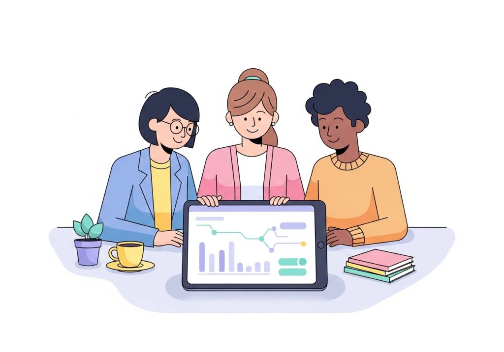 A teacher, therapist, and parent collaborating over a tablet to apply evidence-based practice.