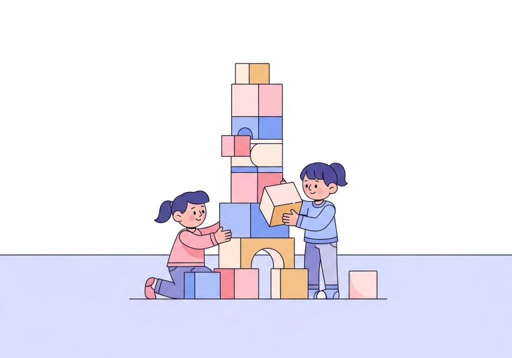 Children building with blocks, an example of a hands-on visual motor integration activity to develop spatial skills.