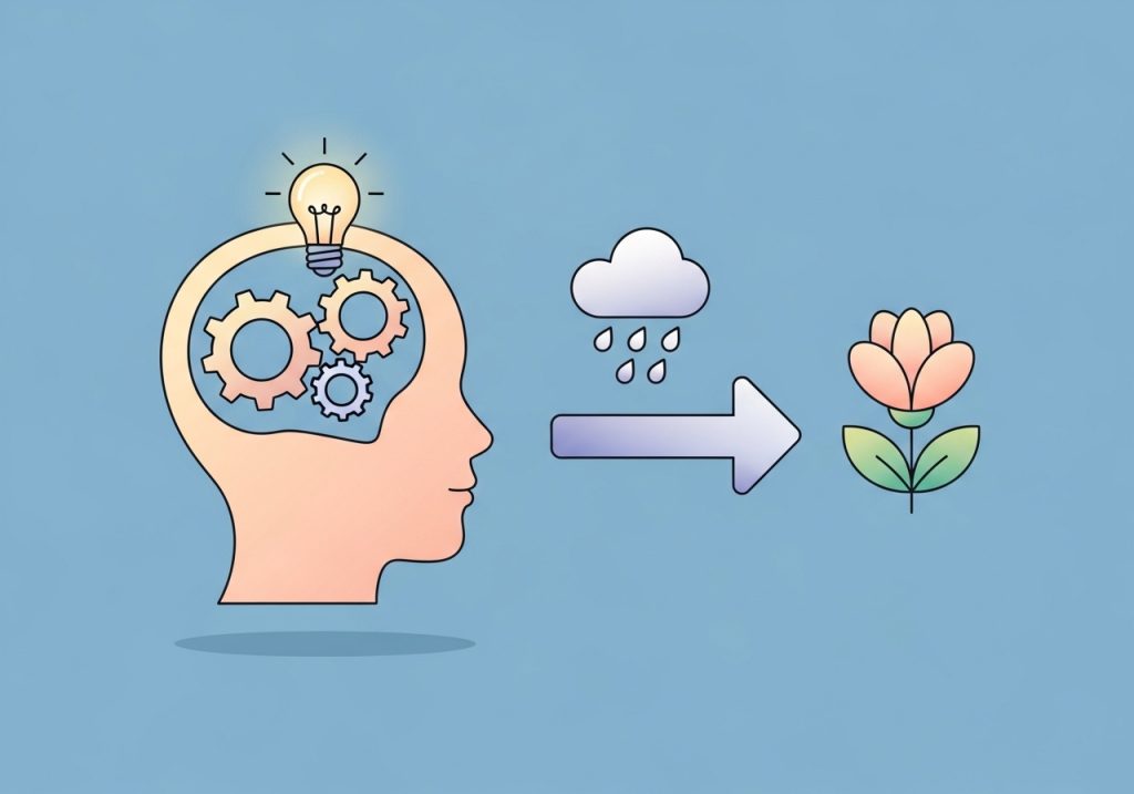 A conceptual illustration showing how learning cause and effect strengthens a child's cognitive development and problem-solving abilities.