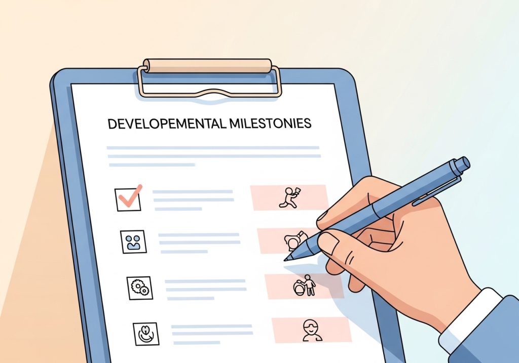 A sample layout of a well-organized developmental milestones checklist on a clipboard.