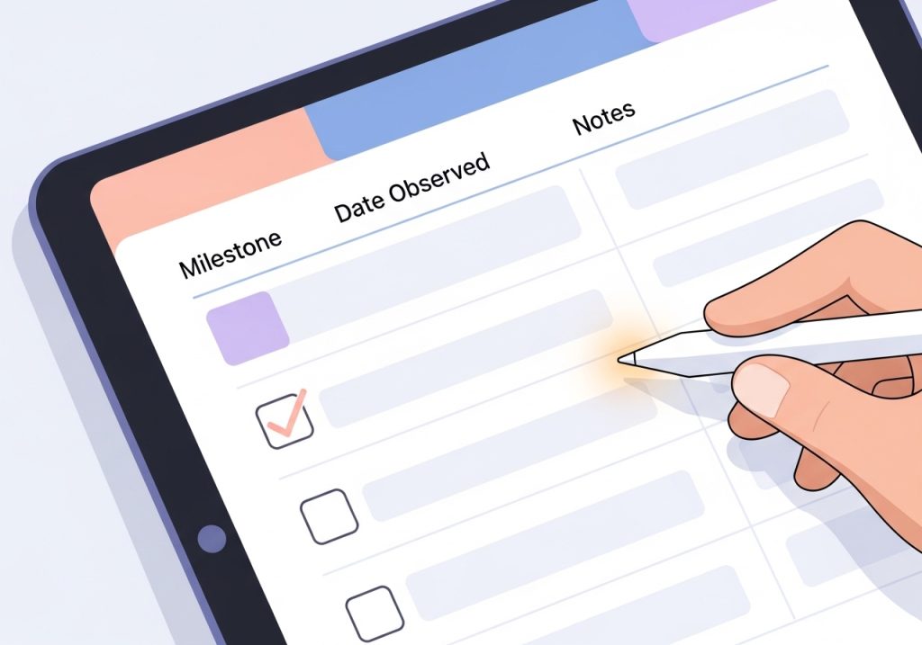 A digital tablet showing the organized structure of a developmental milestones checklist with columns for milestones, dates, and notes.