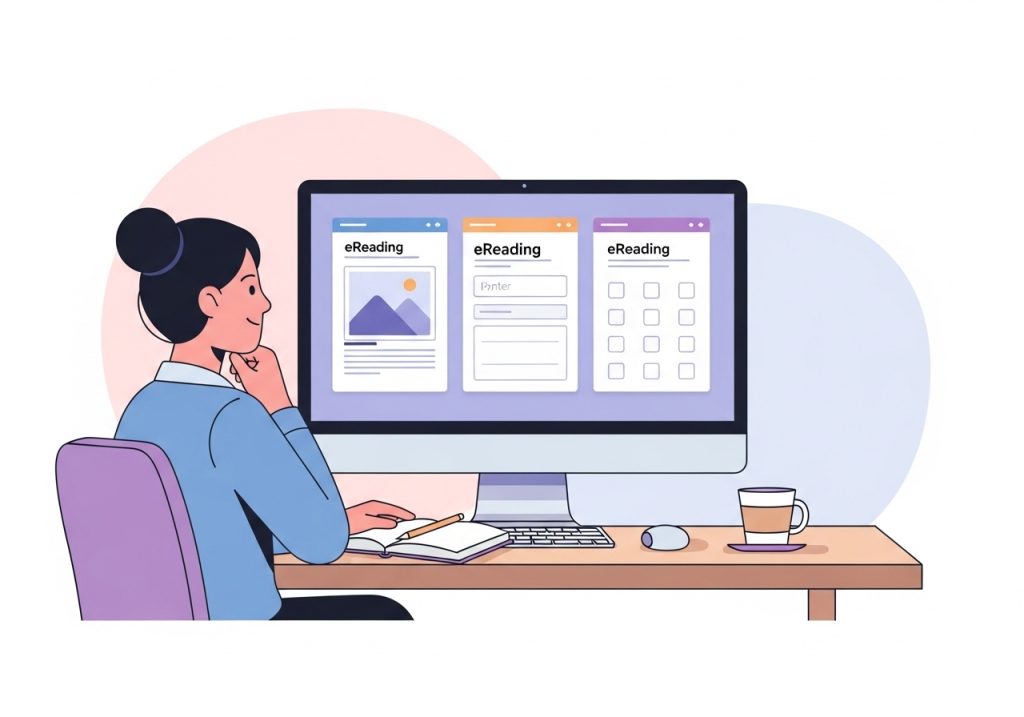 A professional reviews different types of eReading worksheets on a computer to select the best one for their students' needs.