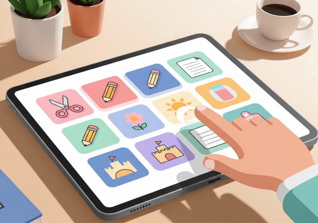 Choosing developmentally appropriate summer worksheets from a selection of digital resources on a tablet.