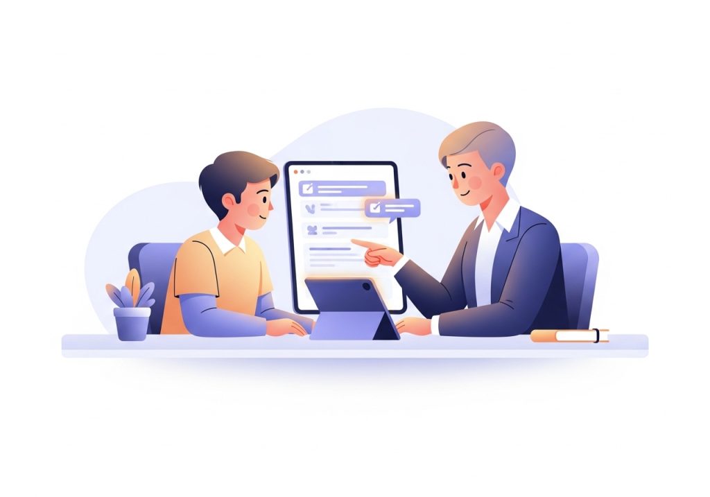 An illustration of a teacher showing a student how to use sentence starters for effective self-advocacy.