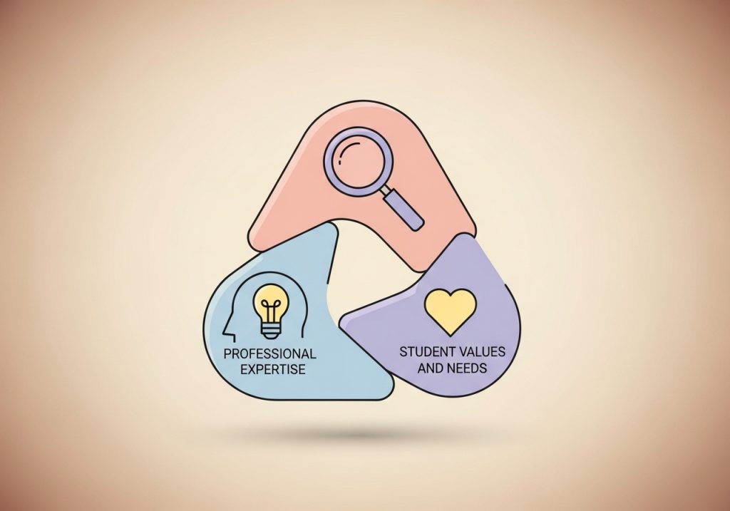 A diagram showing the three parts of evidence-based practice: research, expertise, and student needs.