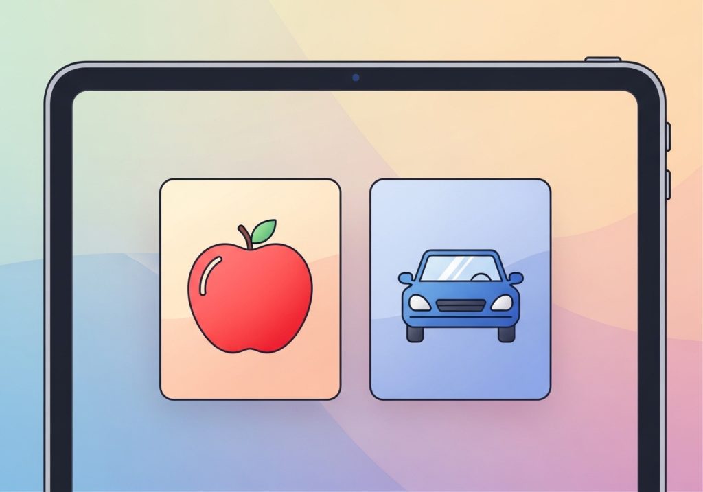 An illustration of highly contrasting stimuli, a red apple and a blue car, used for the first stage of discrimination training.