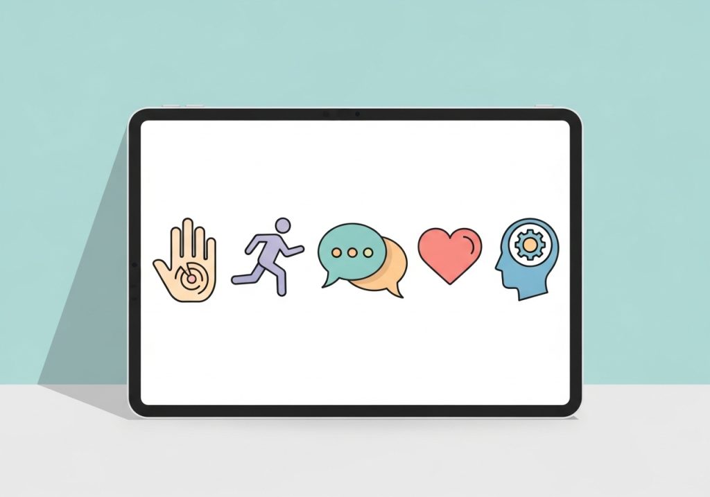 Icons representing key developmental domains for a child's milestone checklist, including motor, language, and social skills.