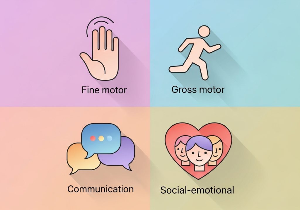 Icons representing key developmental domains like fine motor, gross motor, communication, and social-emotional skills.