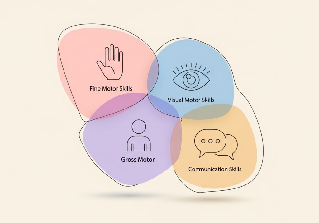 Icons representing core developmental skill domains like fine motor, visual motor, and gross motor skills.