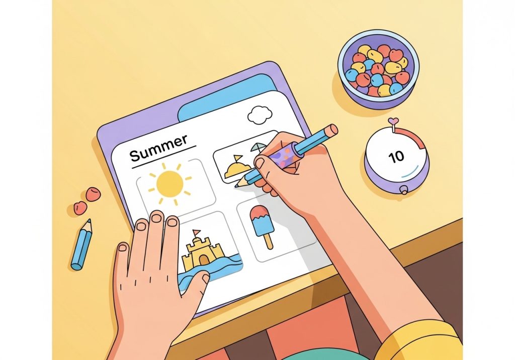 Tools for making summer worksheet practice engaging, including a visual timer and a pencil grip.