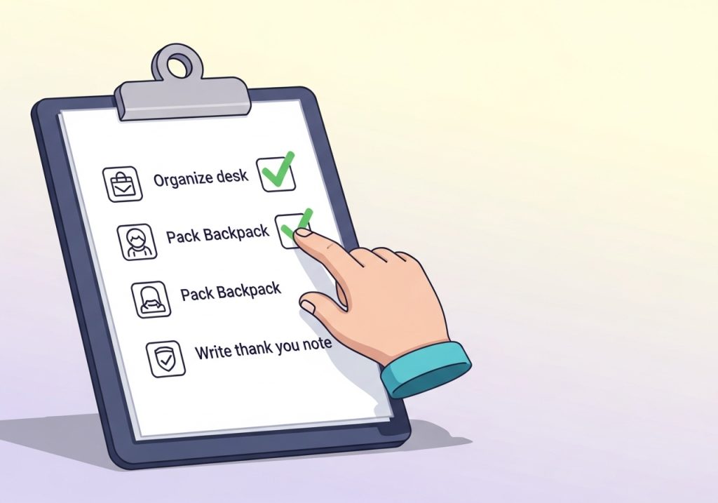 An illustrated checklist representing executive functioning skills used in end of year activities like classroom cleanup.
