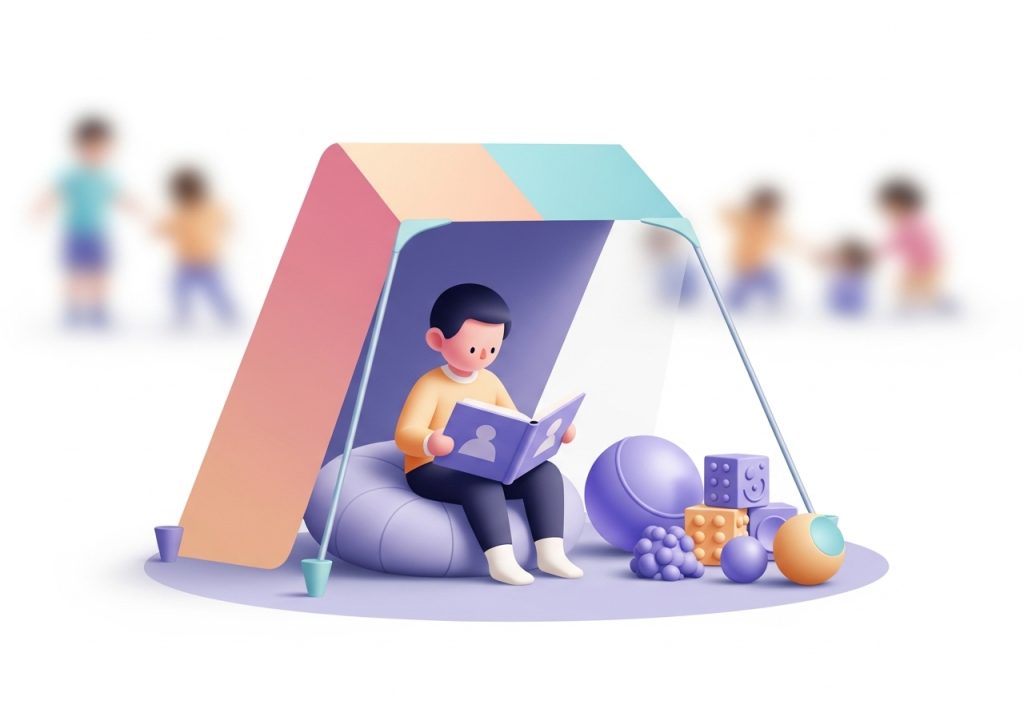 A designated quiet zone at a school field day provides a calm space for students.