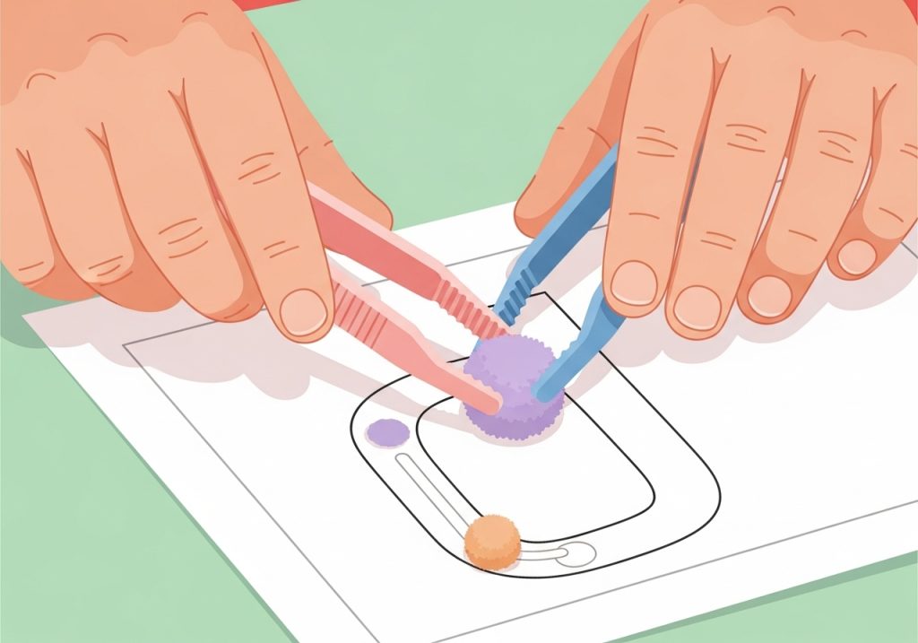 An activity showing fine motor practice where a child uses tweezers to place pom-poms on a letter outline.