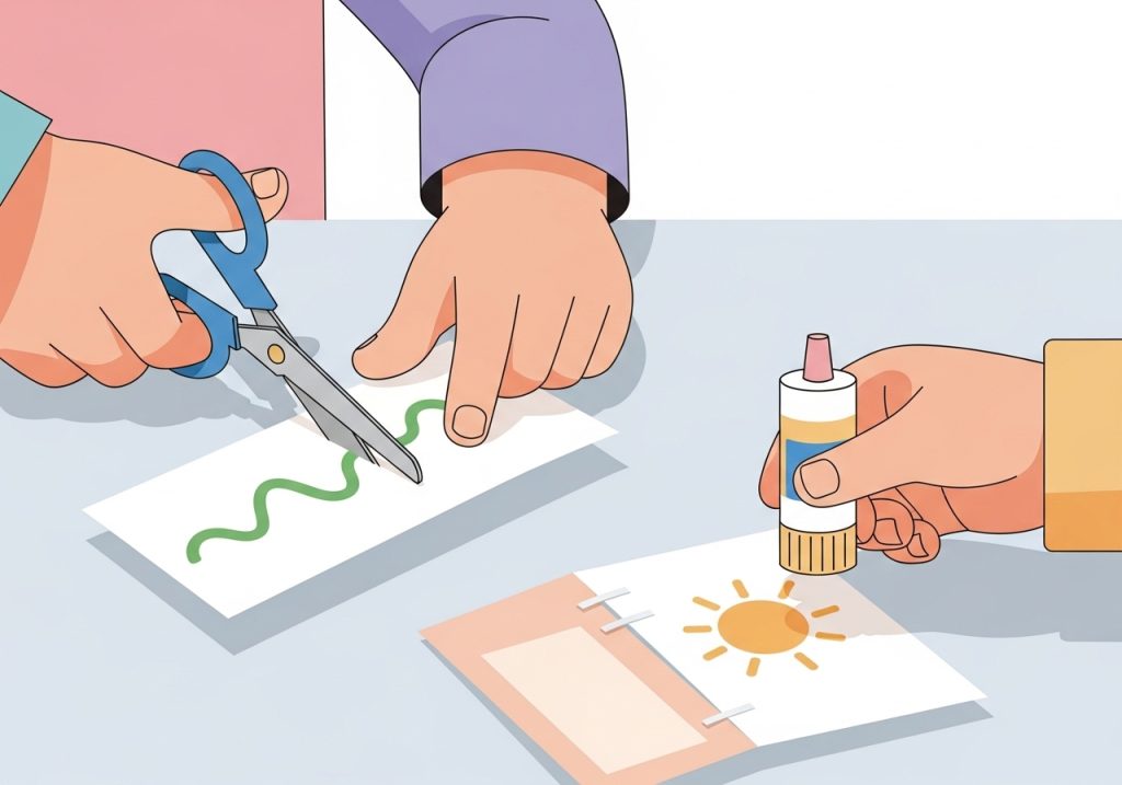 Vector illustration of a child practicing fine motor skills with scissors and glue for an end of year activity.