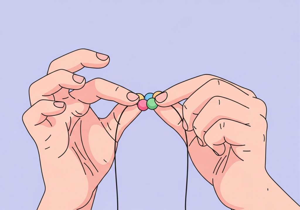 An illustration of a child's hands threading beads, an example of a fine motor skill.