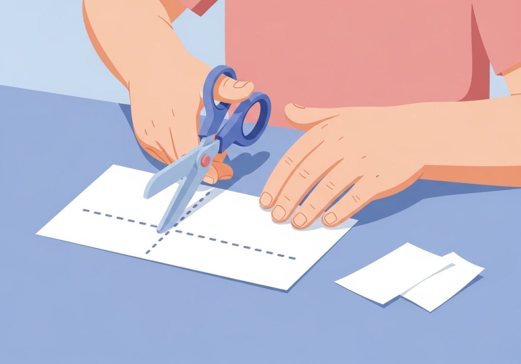 An illustration of a child practicing fine motor skills by cutting paper with scissors.