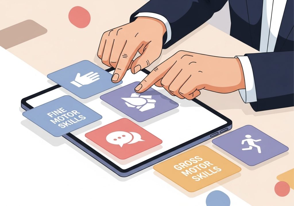 An illustration showing a person gathering evidence-based resources on a tablet to create a developmental milestones checklist.