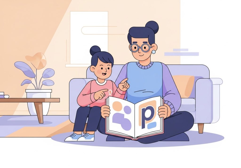 A child generalizing a learned skill by identifying a letter in a book, a key step in discrimination training.