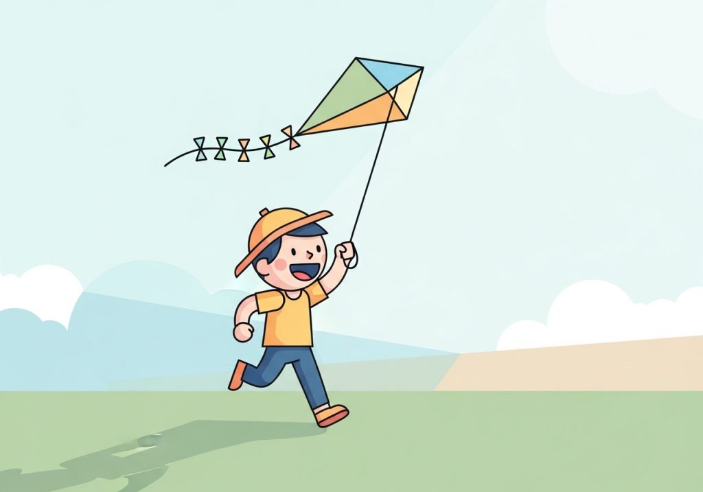 An illustration of a child running with a kite, demonstrating a gross motor skill.