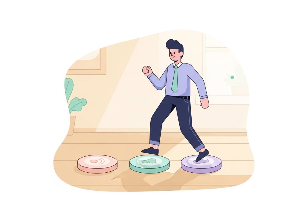 Child using gross motor movement for phonemic awareness activities on floor mats