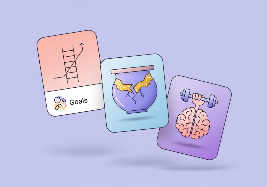 A collection of icons representing different types of growth mindset activities, including goal setting and learning from mistakes.