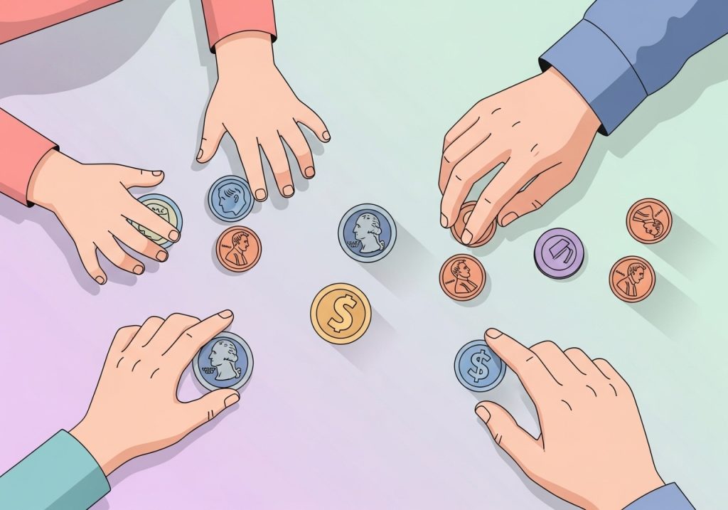 An illustration showing hands-on practice with play money to learn how to make change before using worksheets.