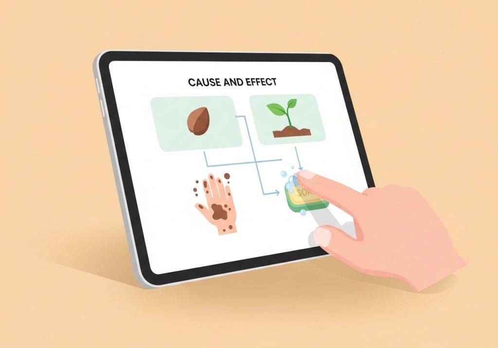 An example of an interactive cause and effect worksheet with matching picture activities for children.