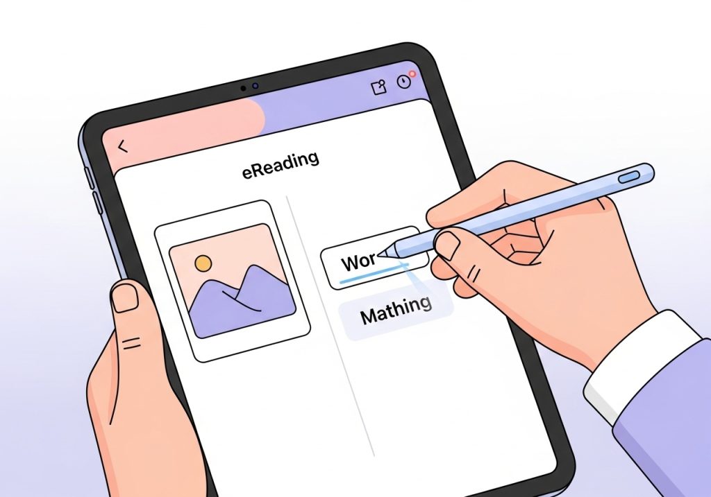 A student completes an interactive ereading worksheet on a tablet using a stylus, highlighting the connection to fine motor skills.