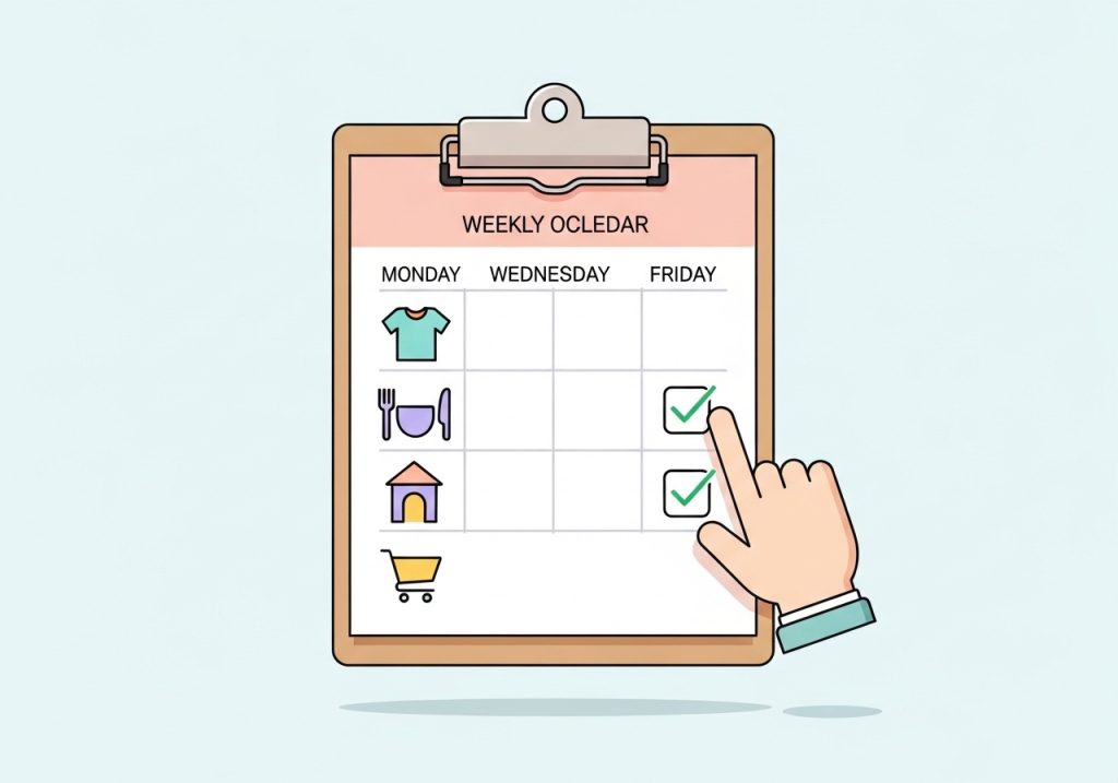 An illustration of a weekly schedule with icons for daily life skills practice, demonstrating routine-based learning.