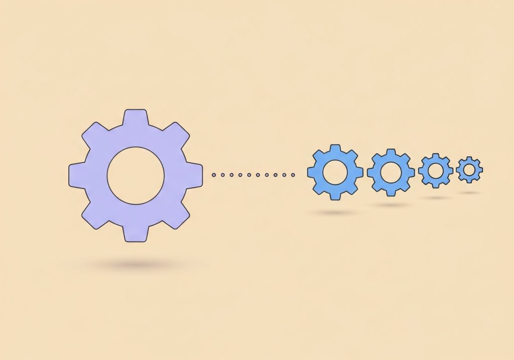 A vector graphic illustrating task analysis, with one large icon breaking into smaller, sequential icons to represent breaking down a skill.
