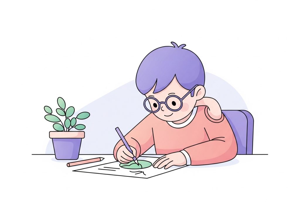 An illustration showing how gross motor stability allows a child to perform the fine motor task of drawing.