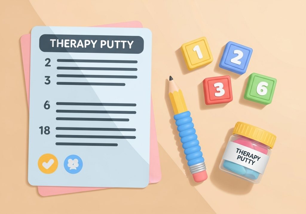 Multi-sensory tools like pencil grips and blocks used alongside a worksheet to support learning.