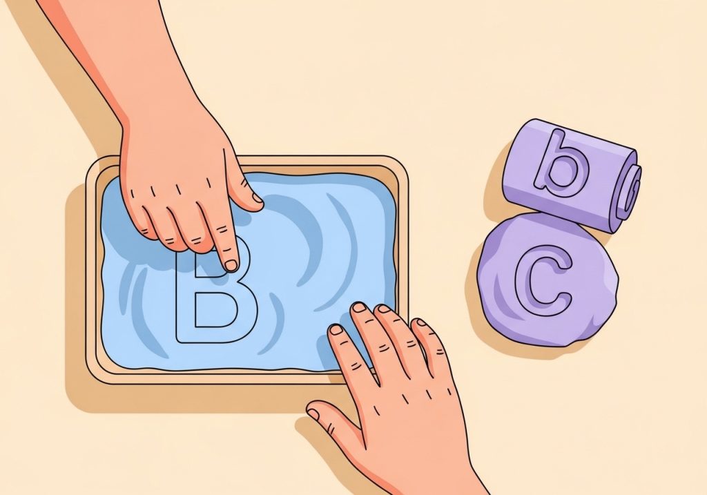 A child's hands tracing letters in a sand tray, a multi-sensory letter recognition activity.