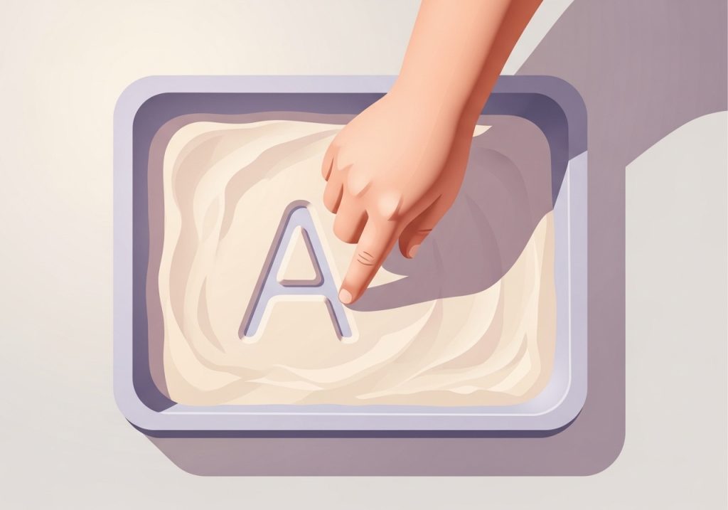 An illustration showing a multi-sensory teaching method, with a child's hand tracing a letter in a sand tray.
