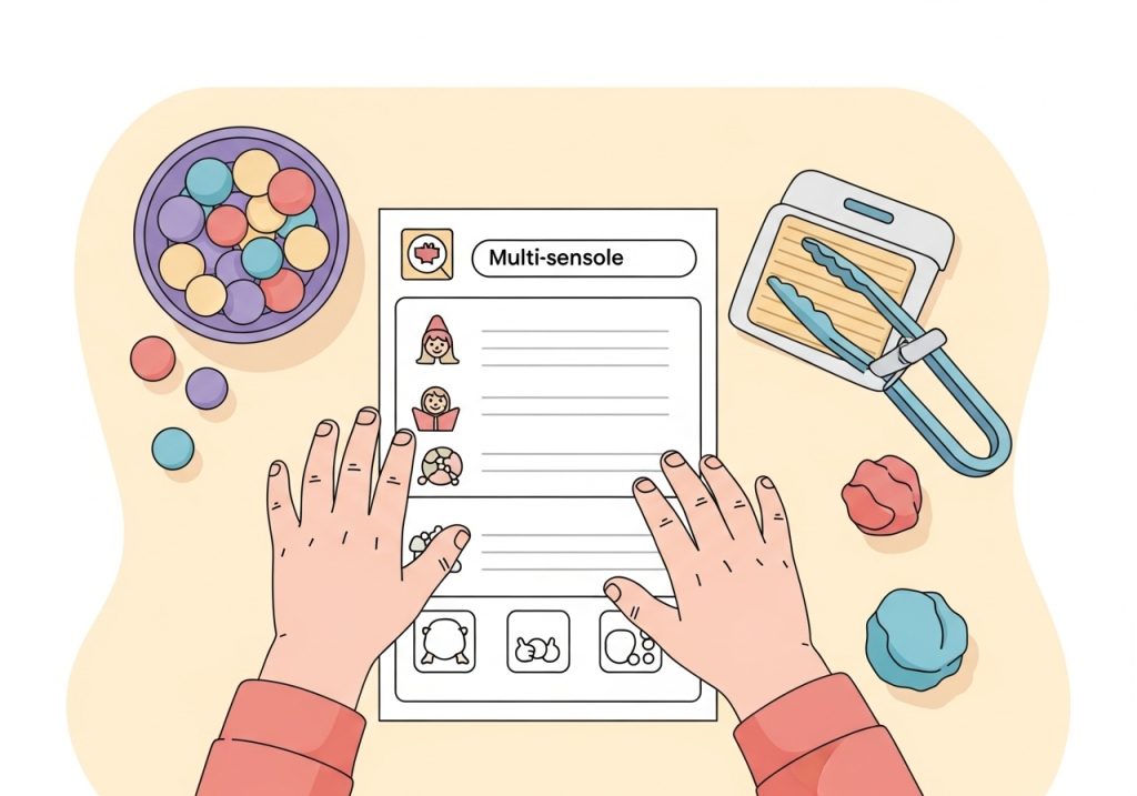 A multi-sensory learning setup with a worksheet, tongs, and pom-poms.