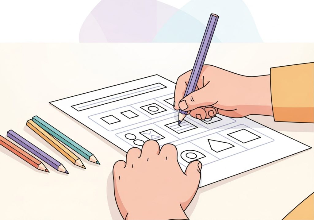 Illustration of a child using a printable worksheet and colored pencils to practice skills, a strategy for nurturing soft skills.
