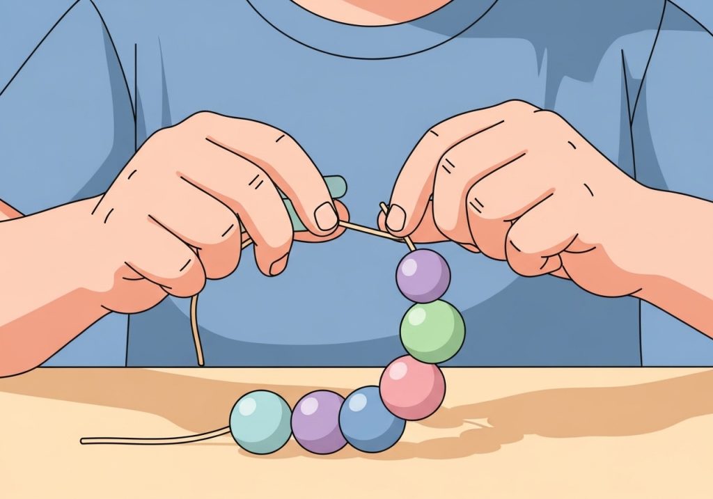 An illustration of a child developing fine motor skills by threading beads, a pre-writing competency for literacy.