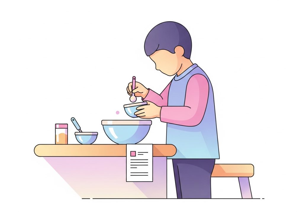 Illustration of a child practicing problem-solving skills by following a recipe in a kitchen, an example of a daily routine activity.