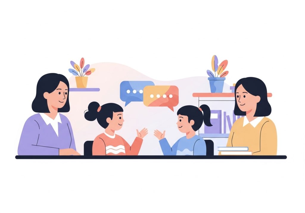 An illustration of children practicing self advocacy skills through role-playing in a safe classroom environment.