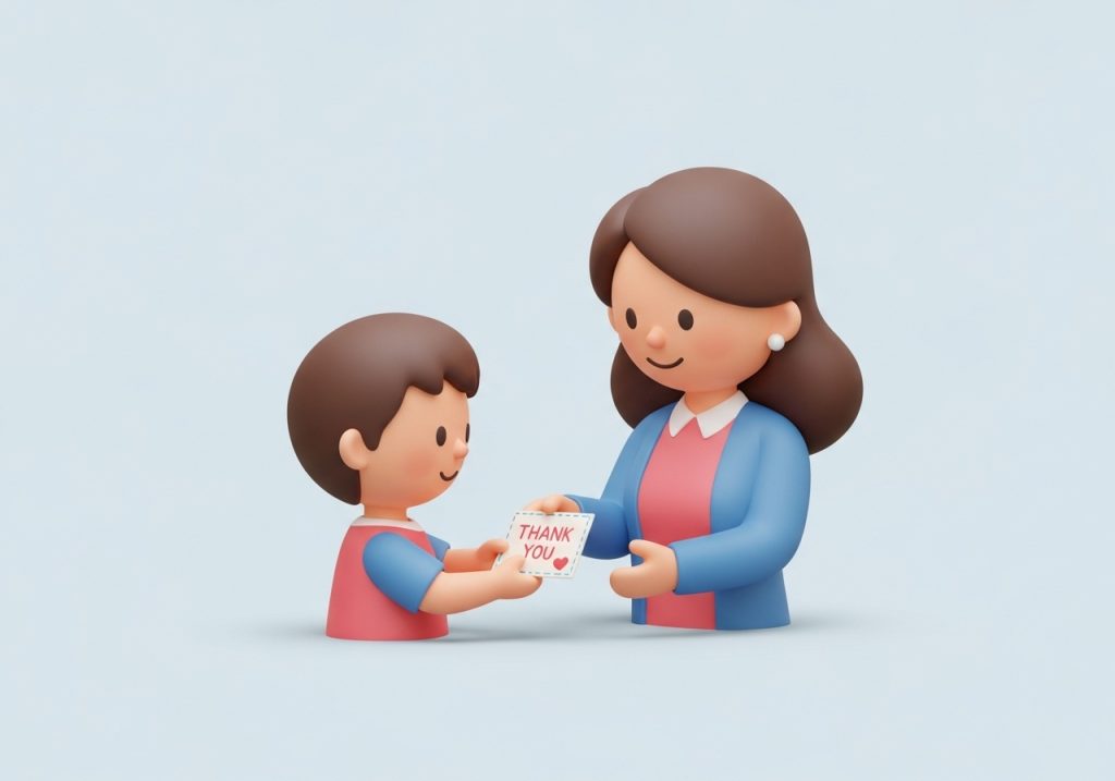 A student gives a teacher a card as part of a social-emotional learning activity at the end of the year.