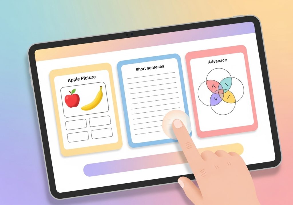 Selecting an appropriate compare and contrast worksheet on a tablet, showing different levels of difficulty.