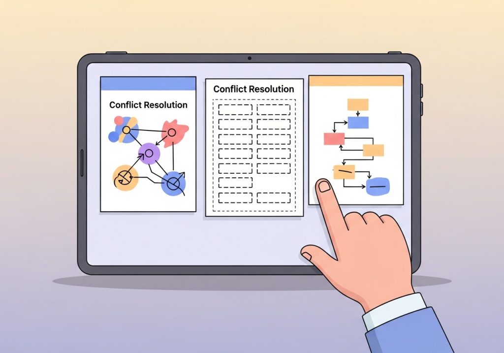 An illustration showing a variety of conflict resolution worksheets on a tablet, representing the selection process.