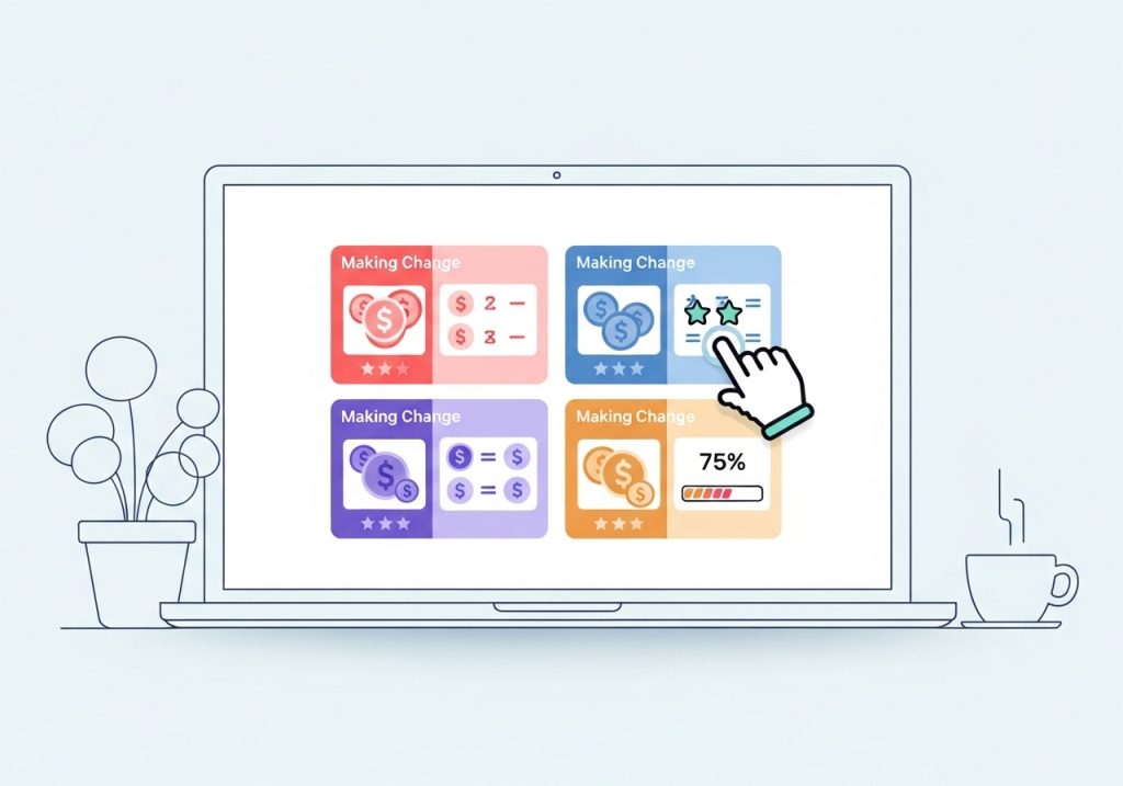 A laptop screen displaying a selection of making change worksheets with different difficulty levels for download.