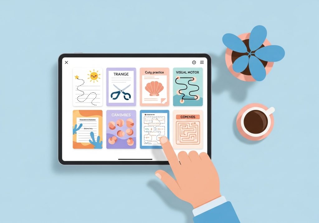 A person selecting printable summer worksheets on a tablet, focusing on fine motor and visual motor skills.